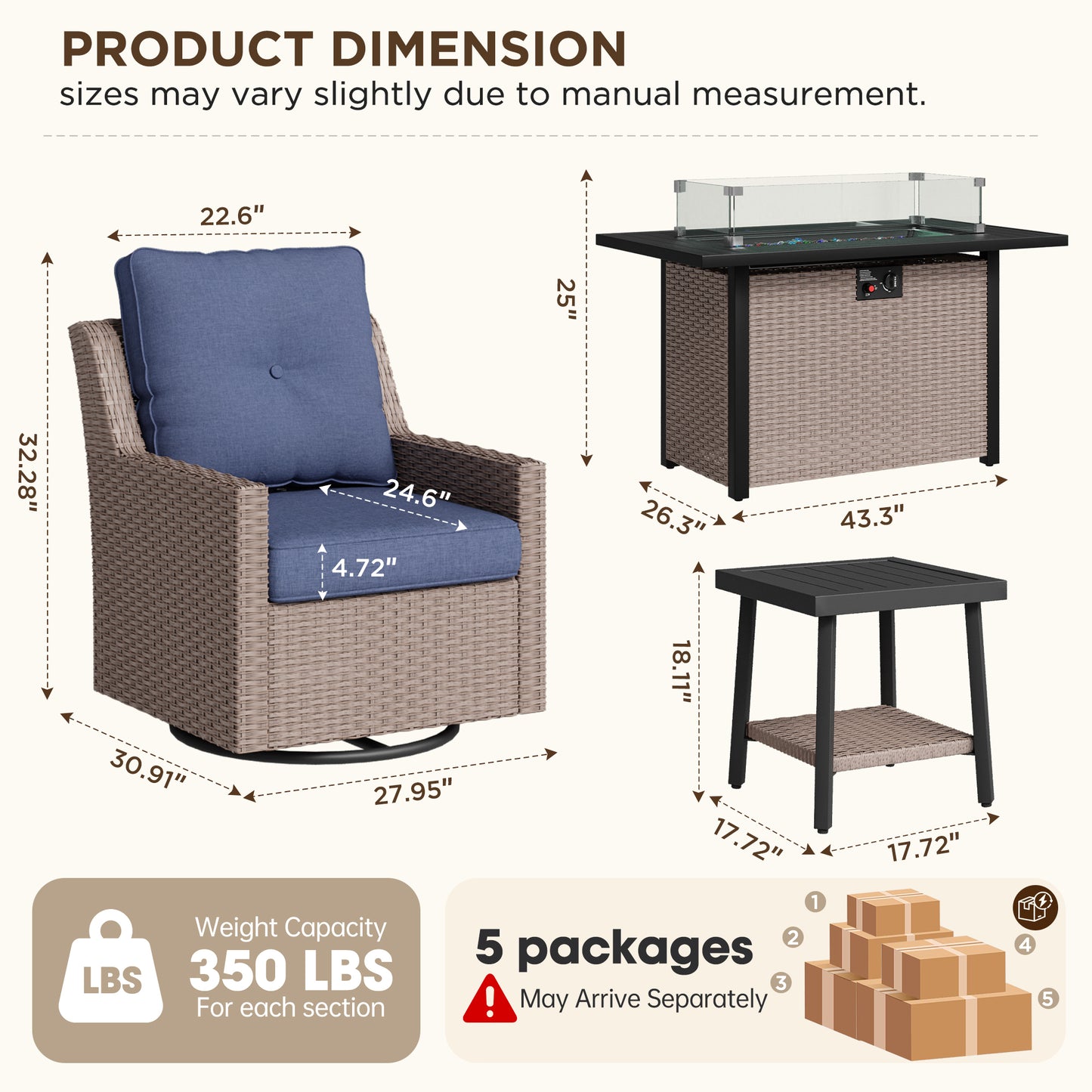 NestNook 7-Piece Outdoor Wicker Swivel Glider Patio Conversation Sets with Cushions and Fire Pit Table