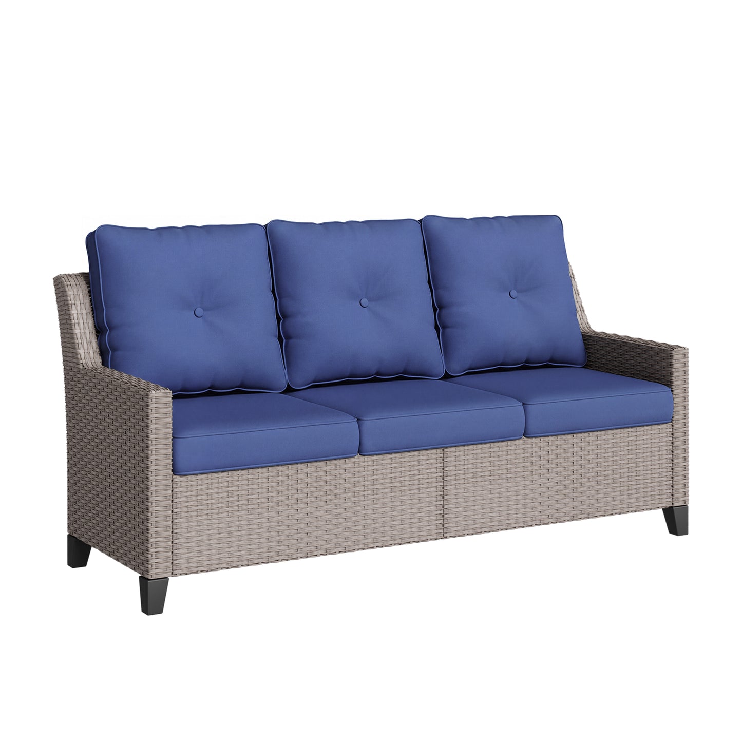 Alto Outdoor Wicker Patio Sofa, 3-Seat Patio Couch with Blue Cushions, PE Rattan Porch Sofa for Backyard, Deck, Garden and Balcony