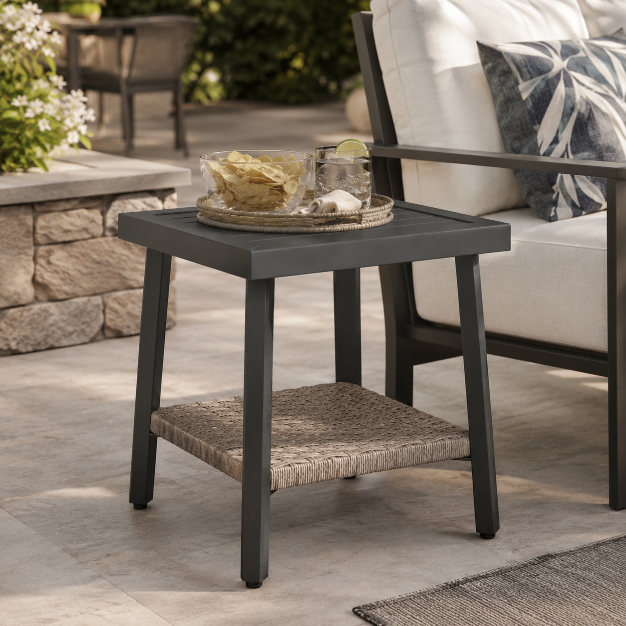 NestNook Outdoor Side Table with Storage Shelf, Aluminum Patio Side Table with Wicker Bottom Shelf for Balcony, Garden, Deck, Black