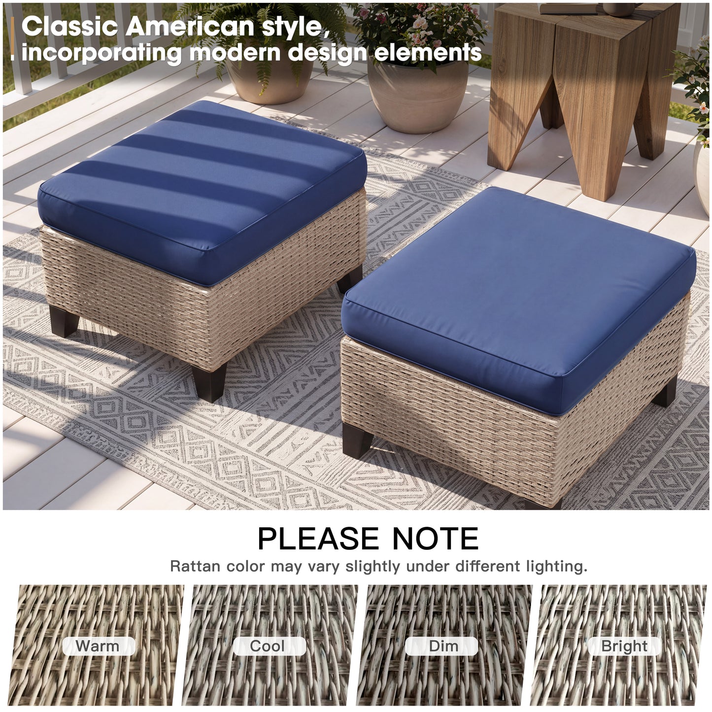 Alto Outdoor Ottoman Set of 2, Wicker Patio Ottomans with 4" Cushions, Outdoor Footstools and Foot Rest for Patio, Porch, Balcony
