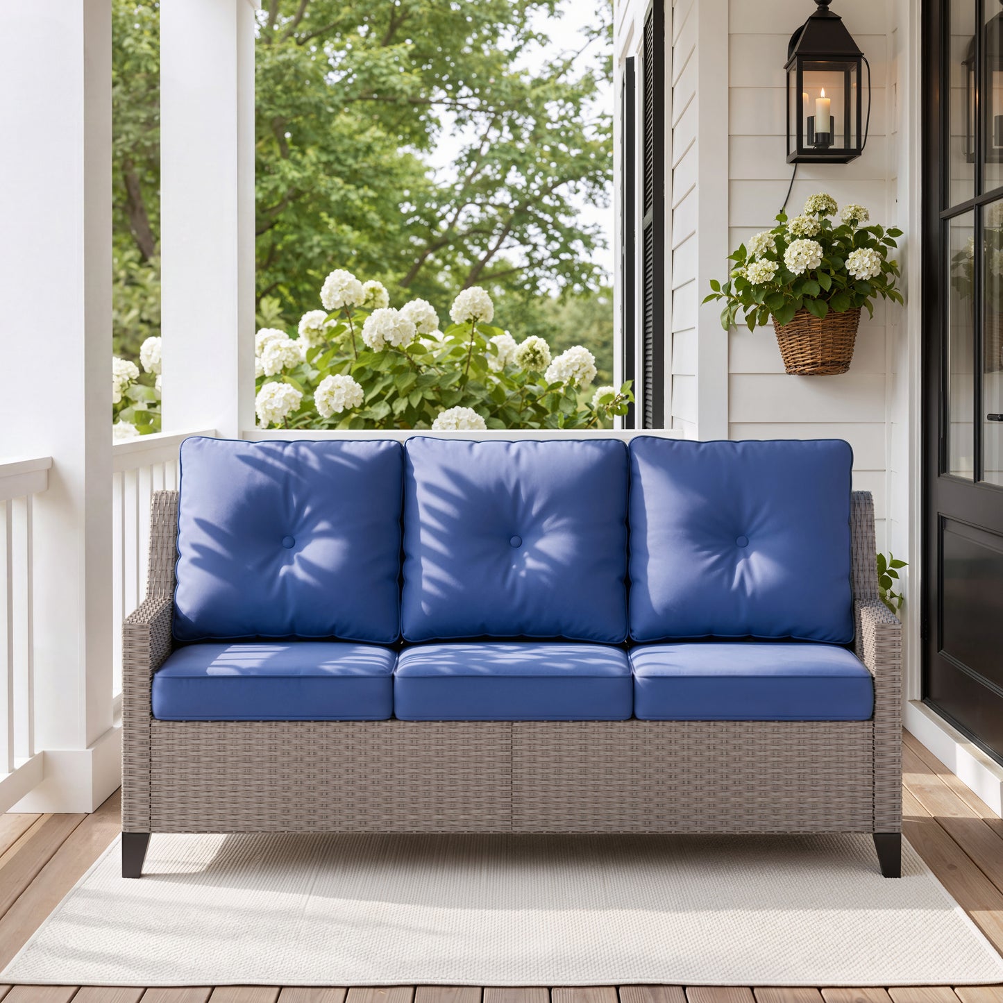 Alto Outdoor Wicker Patio Sofa, 3-Seat Patio Couch with Blue Cushions, PE Rattan Porch Sofa for Backyard, Deck, Garden and Balcony