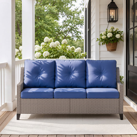 Alto Outdoor Wicker Patio Sofa, 3-Seat Patio Couch with Blue Cushions, PE Rattan Porch Sofa for Backyard, Deck, Garden and Balcony