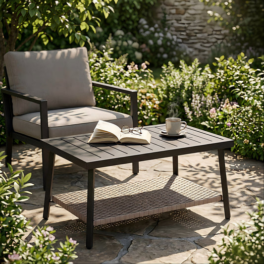 NestNook Outdoor Coffee Table, Rectangular Patio Table with aluminum Top and Metal Frame for Garden, Deck, Balcony
