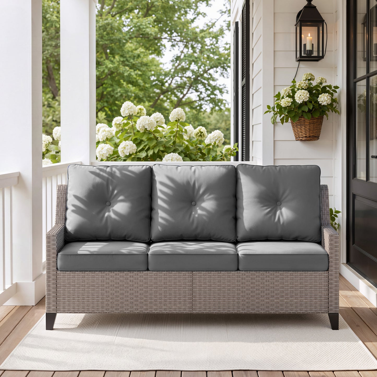 Alto Outdoor Wicker Patio Sofa, 3-Seat Patio Couch with Blue Cushions, PE Rattan Porch Sofa for Backyard, Deck, Garden and Balcony