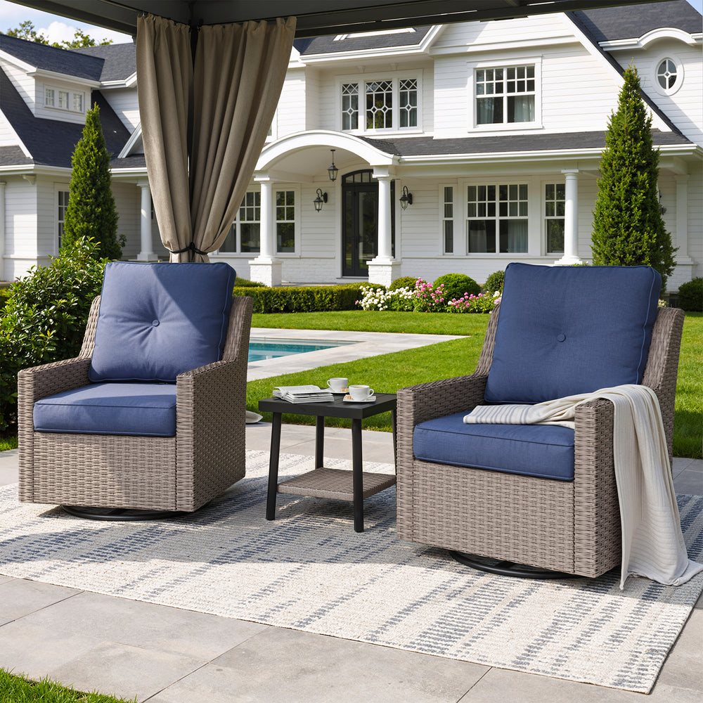 Alto 3-Piece Wicker Patio Furniture Set with Swivel Rocking Chairs , Side Table with Cushions for Porch, Balcony, Deck, Backyard