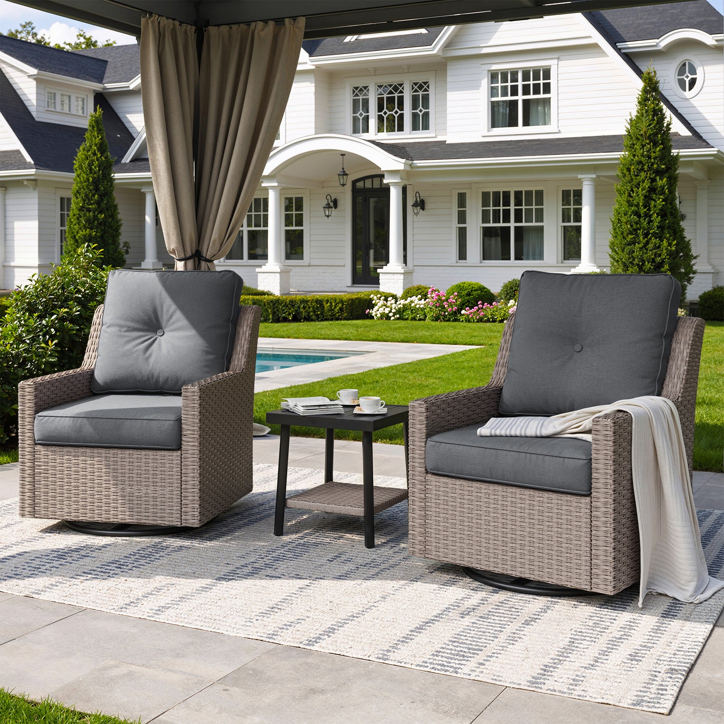 NestNook 3-Piece Wicker Patio Furniture Set with Swivel Rocking Chairs , Side Table with Cushions for Porch, Balcony, Deck, Backyard