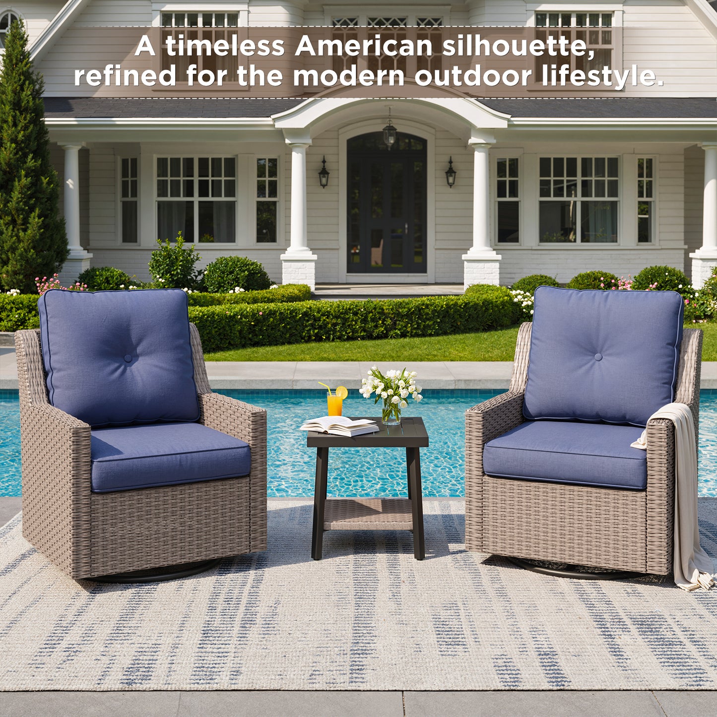 NestNook 3-Piece Wicker Patio Furniture Set with Swivel Rocking Chairs , Side Table with Cushions for Porch, Balcony, Deck, Backyard