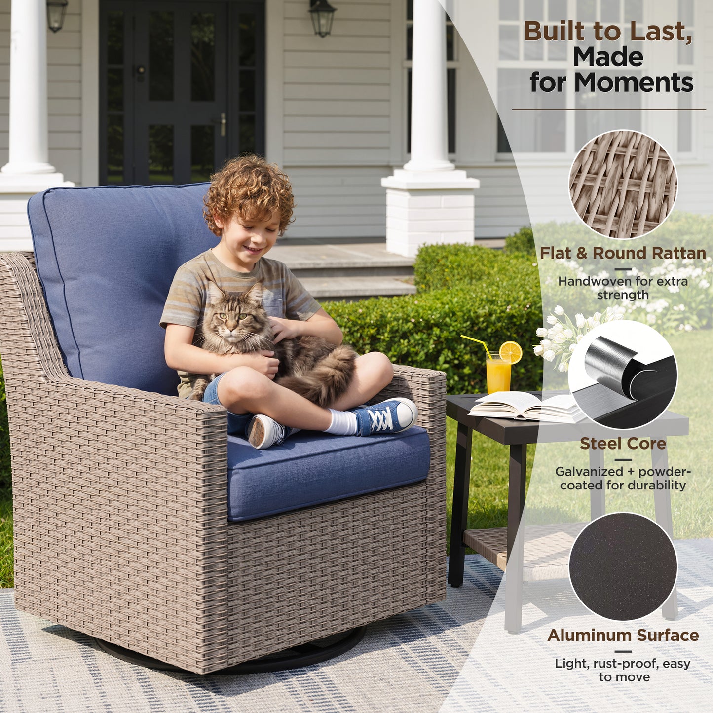 NestNook 3-Piece Wicker Patio Furniture Set with Swivel Rocking Chairs , Side Table with Cushions for Porch, Balcony, Deck, Backyard