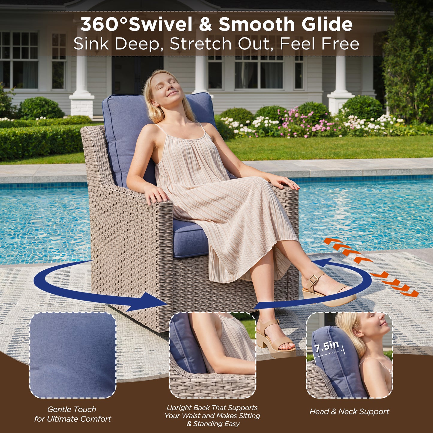 NestNook 3-Piece Wicker Patio Furniture Set with Swivel Rocking Chairs , Side Table with Cushions for Porch, Balcony, Deck, Backyard