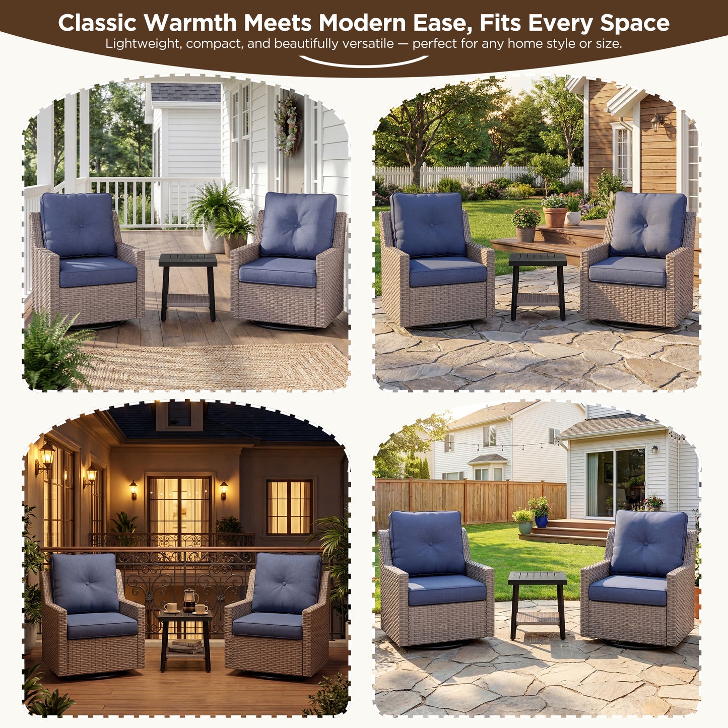 NestNook 3-Piece Wicker Patio Furniture Set with Swivel Rocking Chairs , Side Table with Cushions for Porch, Balcony, Deck, Backyard