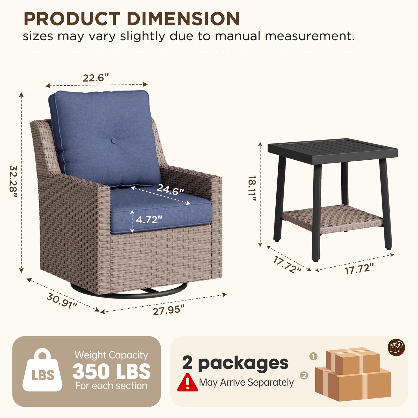 NestNook 3-Piece Wicker Patio Furniture Set with Swivel Rocking Chairs , Side Table with Cushions for Porch, Balcony, Deck, Backyard