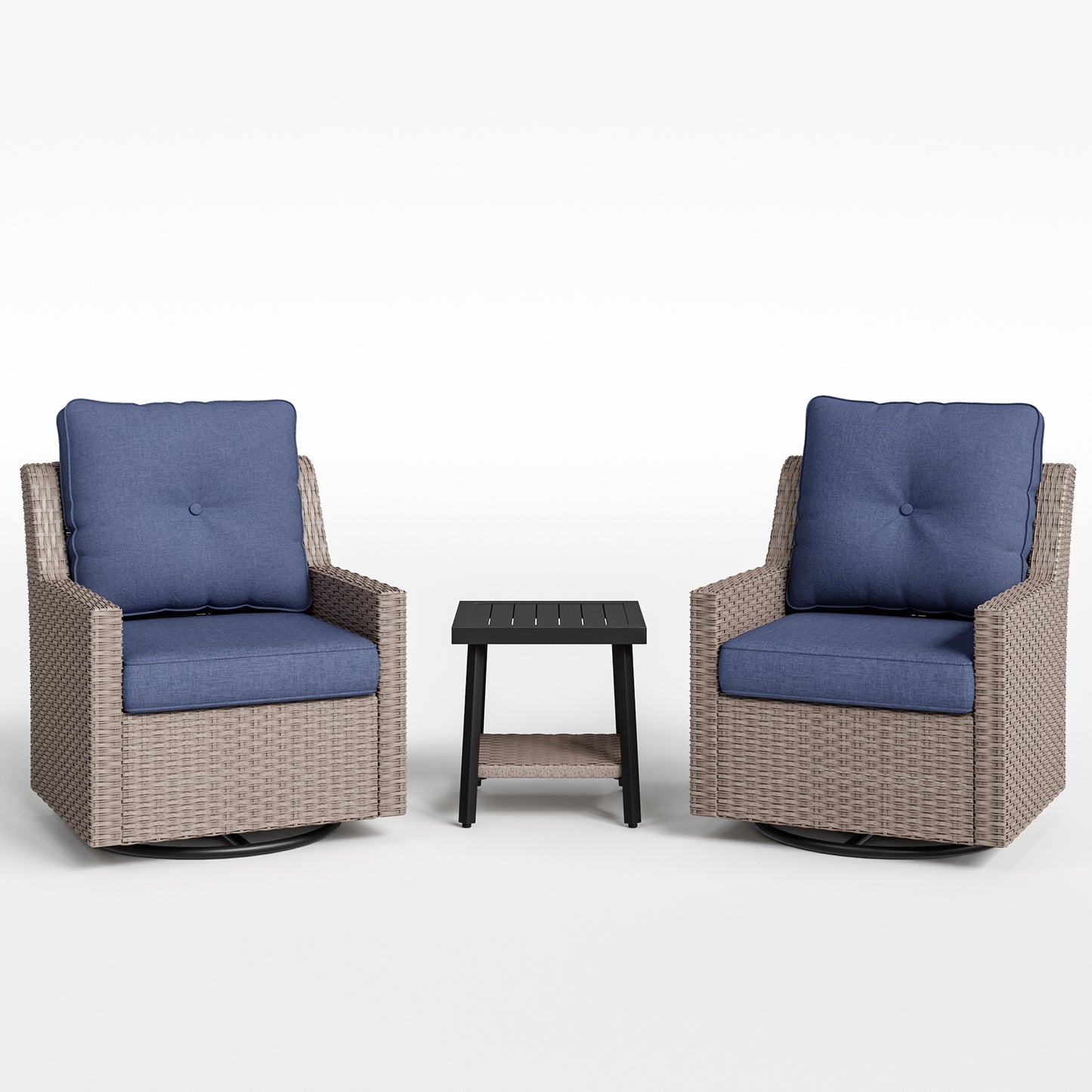 NestNook 3-Piece Wicker Patio Furniture Set with Swivel Rocking Chairs , Side Table with Cushions for Porch, Balcony, Deck, Backyard