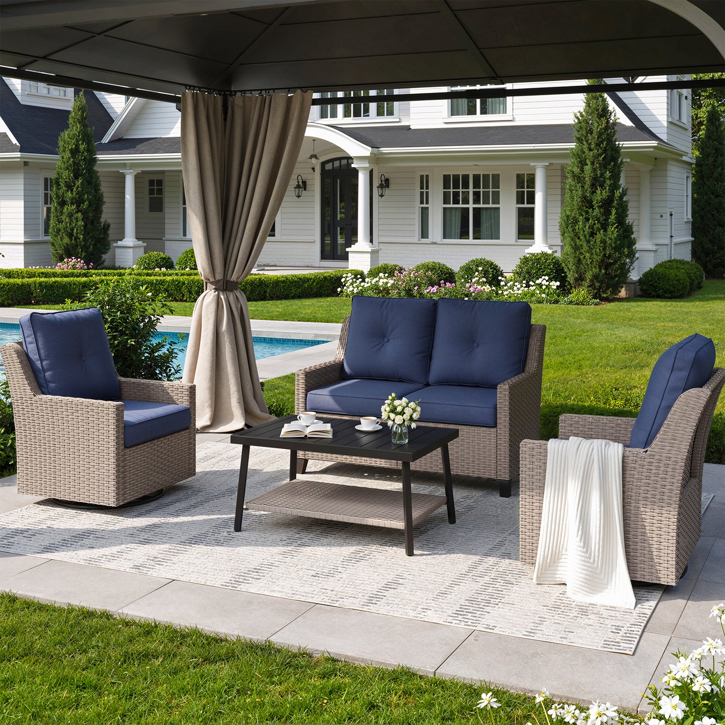 NestNook 4-Piece Outdoor Wicker Swivel Glider Patio Conversation Sets with Cushions