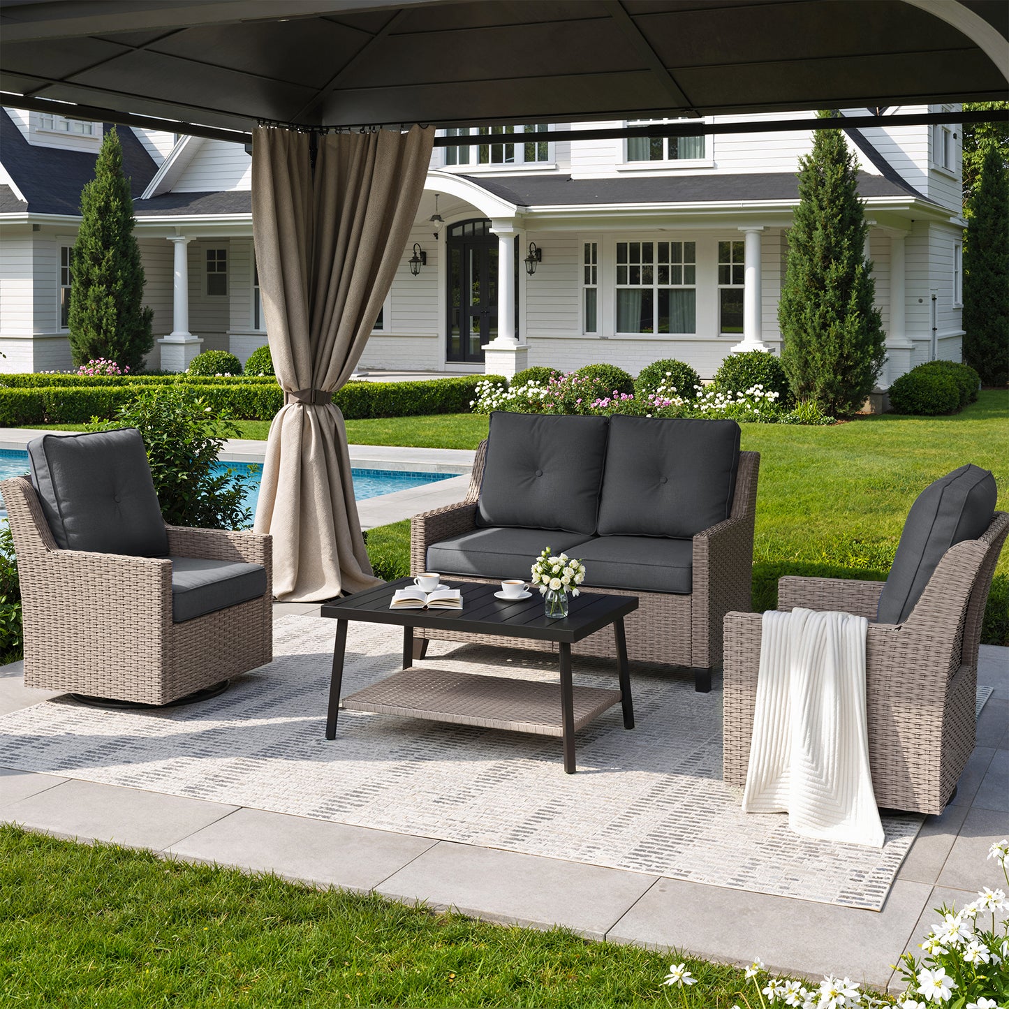 NestNook 4-Piece Outdoor Wicker Swivel Glider Patio Conversation Sets with Cushions