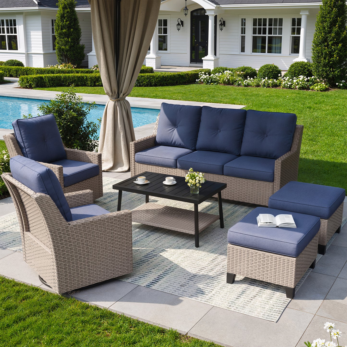 NestNook 6-Piece Outdoor Wicker Swivel Glider Patio Conversation Sets with Cushions