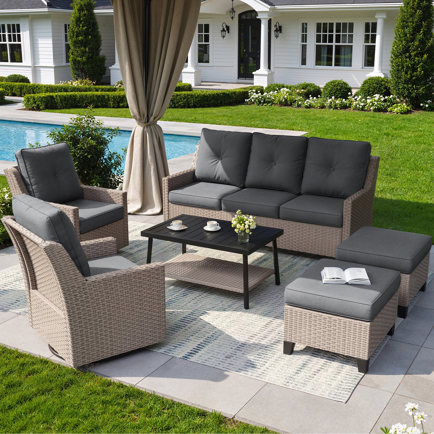NestNook 6-Piece Outdoor Wicker Swivel Glider Patio Conversation Sets with Cushions
