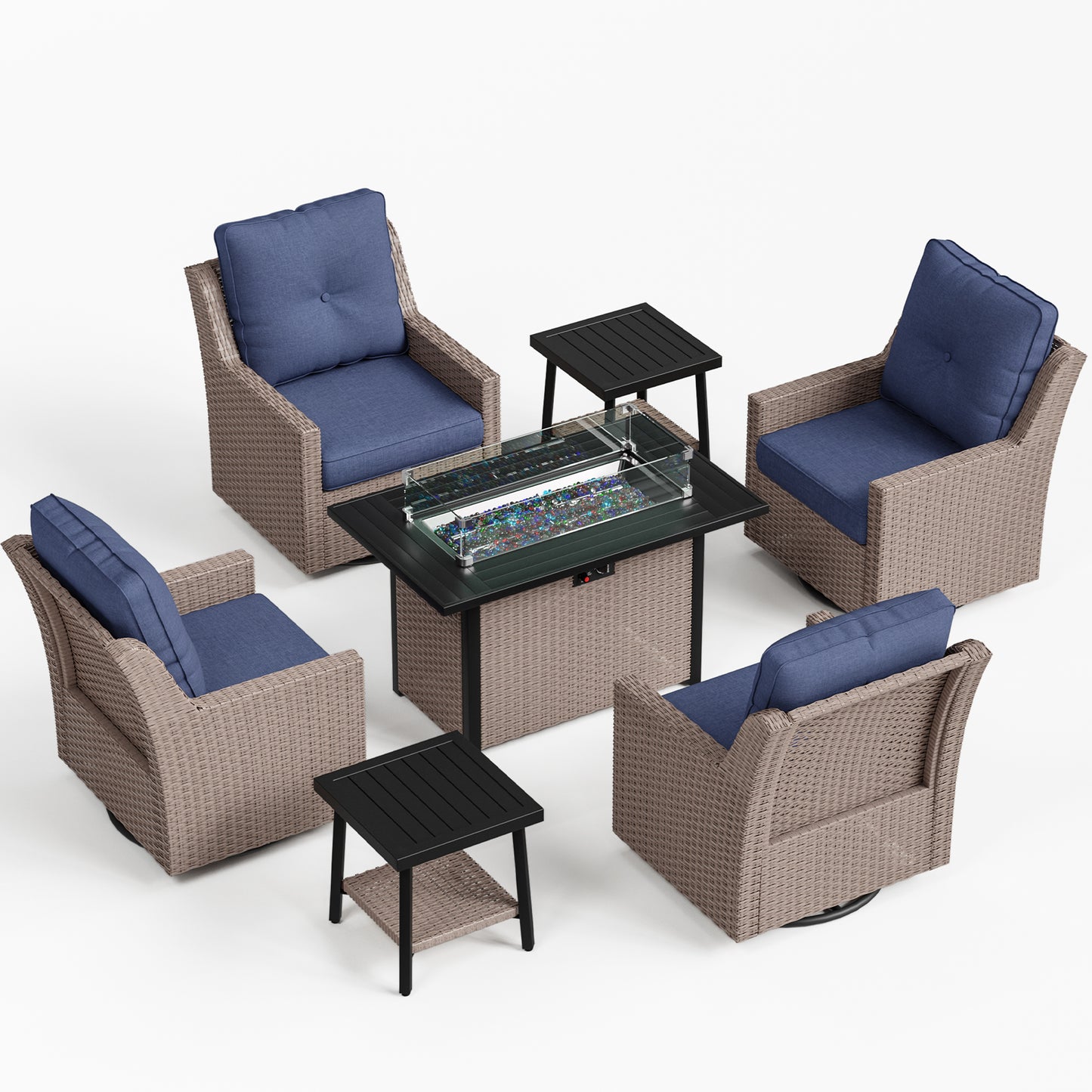 NestNook 7-Piece Outdoor Wicker Swivel Glider Patio Conversation Sets with Cushions and Fire Pit Table