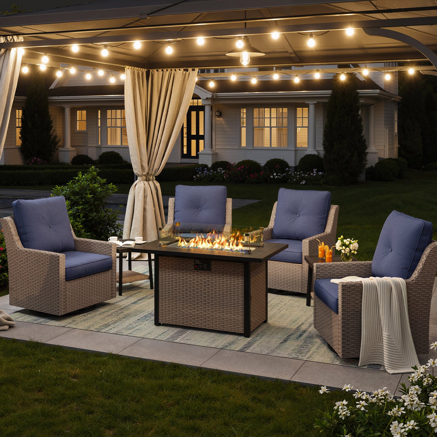 NestNook 7-Piece Outdoor Wicker Swivel Glider Patio Conversation Sets with Cushions and Fire Pit Table