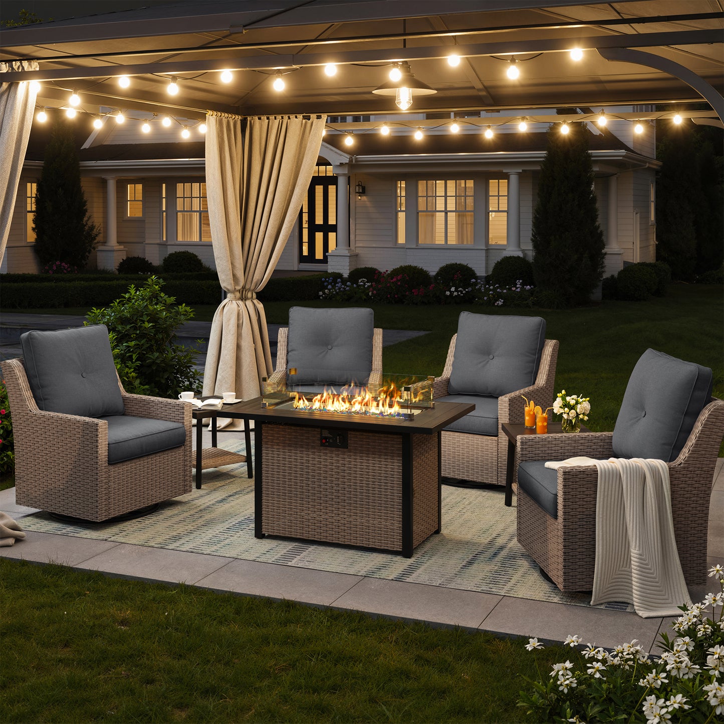 NestNook 7-Piece Outdoor Wicker Swivel Glider Patio Conversation Sets with Cushions and Fire Pit Table