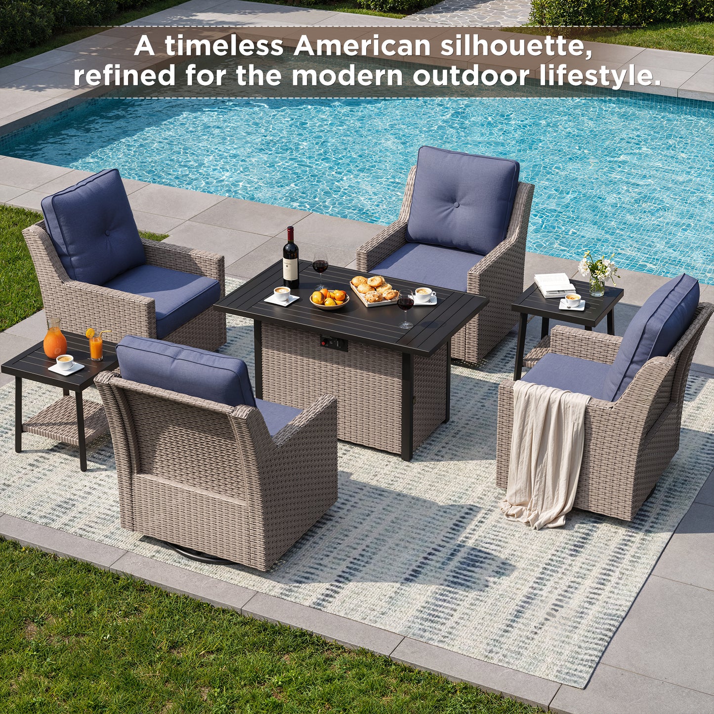 NestNook 7-Piece Outdoor Wicker Swivel Glider Patio Conversation Sets with Cushions and Fire Pit Table