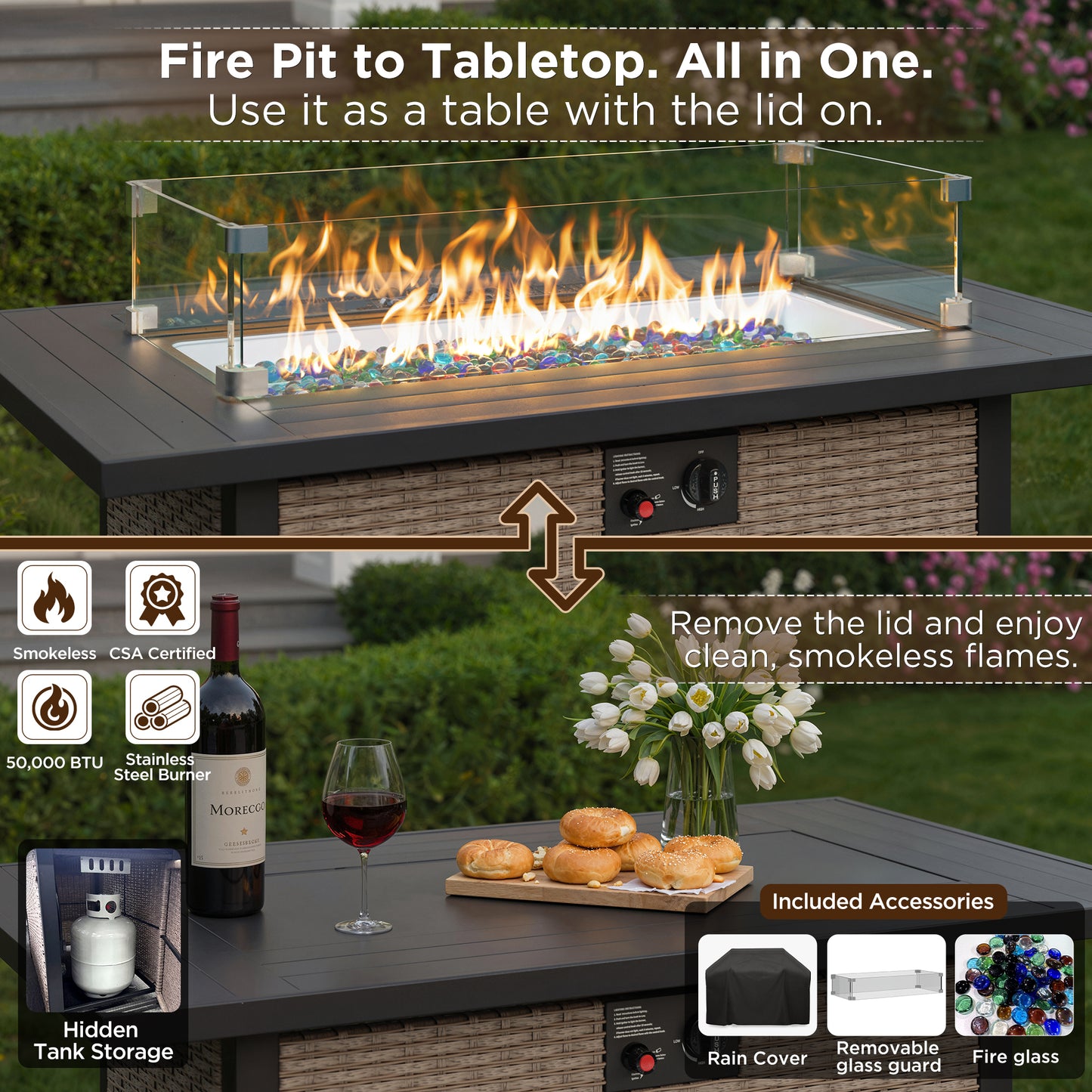 NestNook 7-Piece Outdoor Wicker Swivel Glider Patio Conversation Sets with Cushions and Fire Pit Table