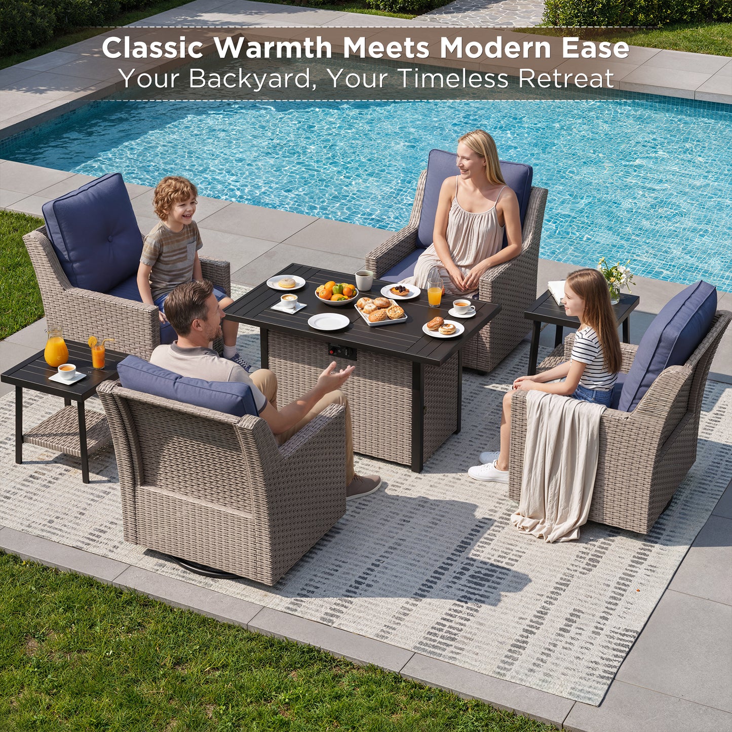 NestNook 7-Piece Outdoor Wicker Swivel Glider Patio Conversation Sets with Cushions and Fire Pit Table