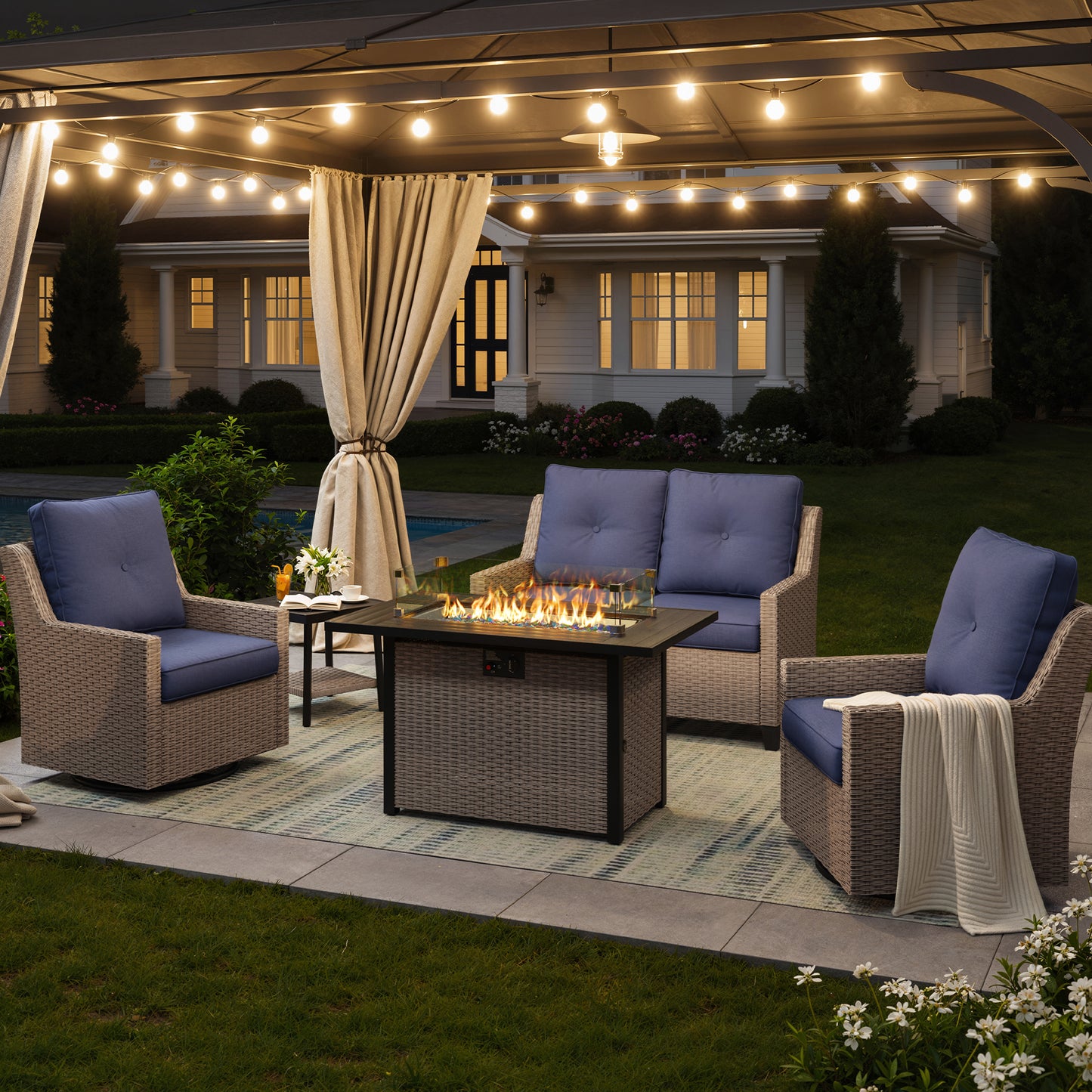 NestNook 5-Piece Outdoor Wicker Swivel Glider Patio Conversation Sets with Cushions and Fire Pit Table