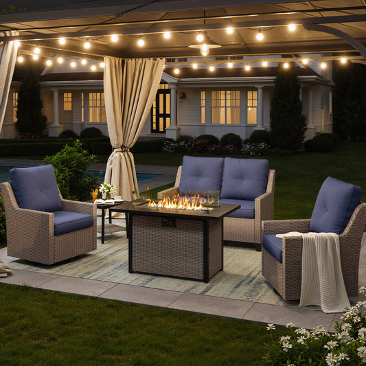 NestNook 5-Piece Outdoor Wicker Swivel Glider Patio Conversation Sets with Cushions and Fire Pit Table