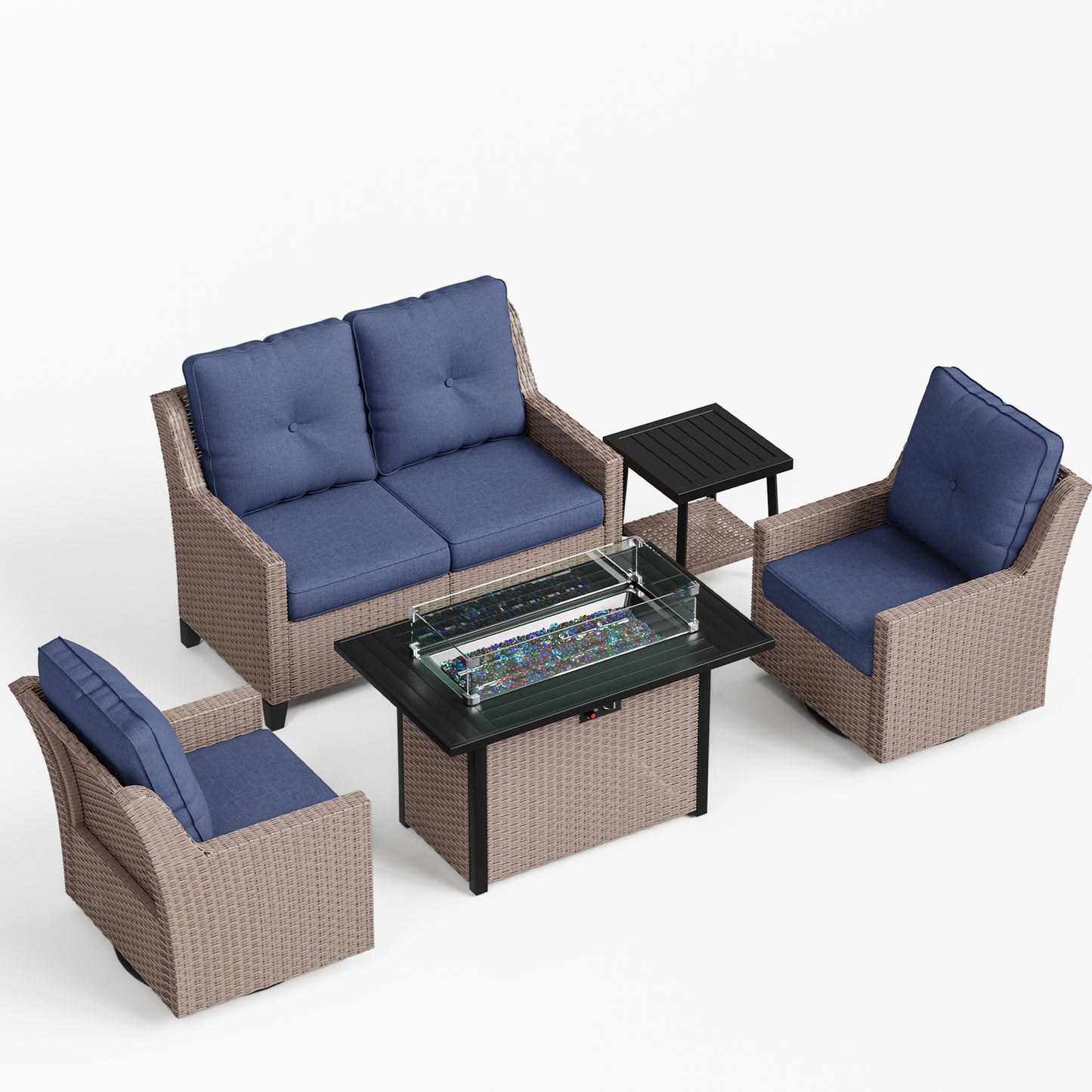 NestNook 5-Piece Outdoor Wicker Swivel Glider Patio Conversation Sets with Cushions and Fire Pit Table