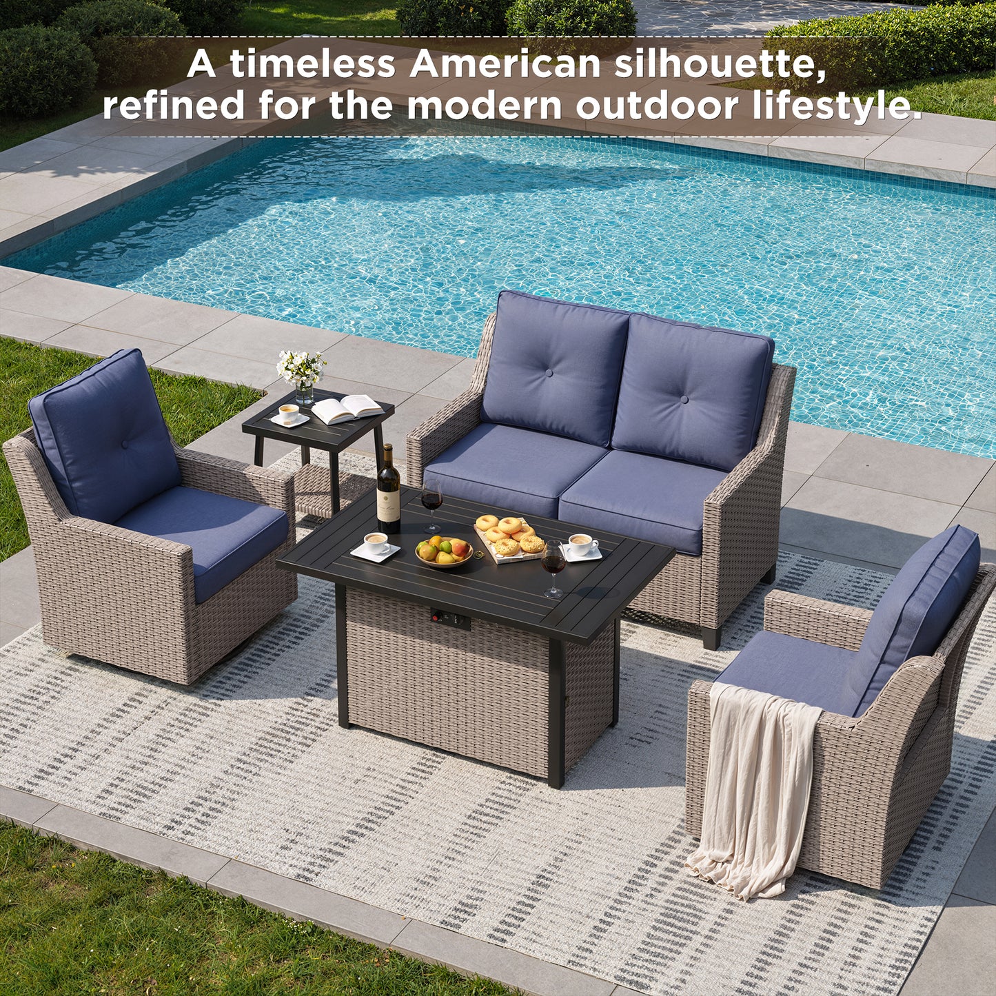 NestNook 5-Piece Outdoor Wicker Swivel Glider Patio Conversation Sets with Cushions and Fire Pit Table