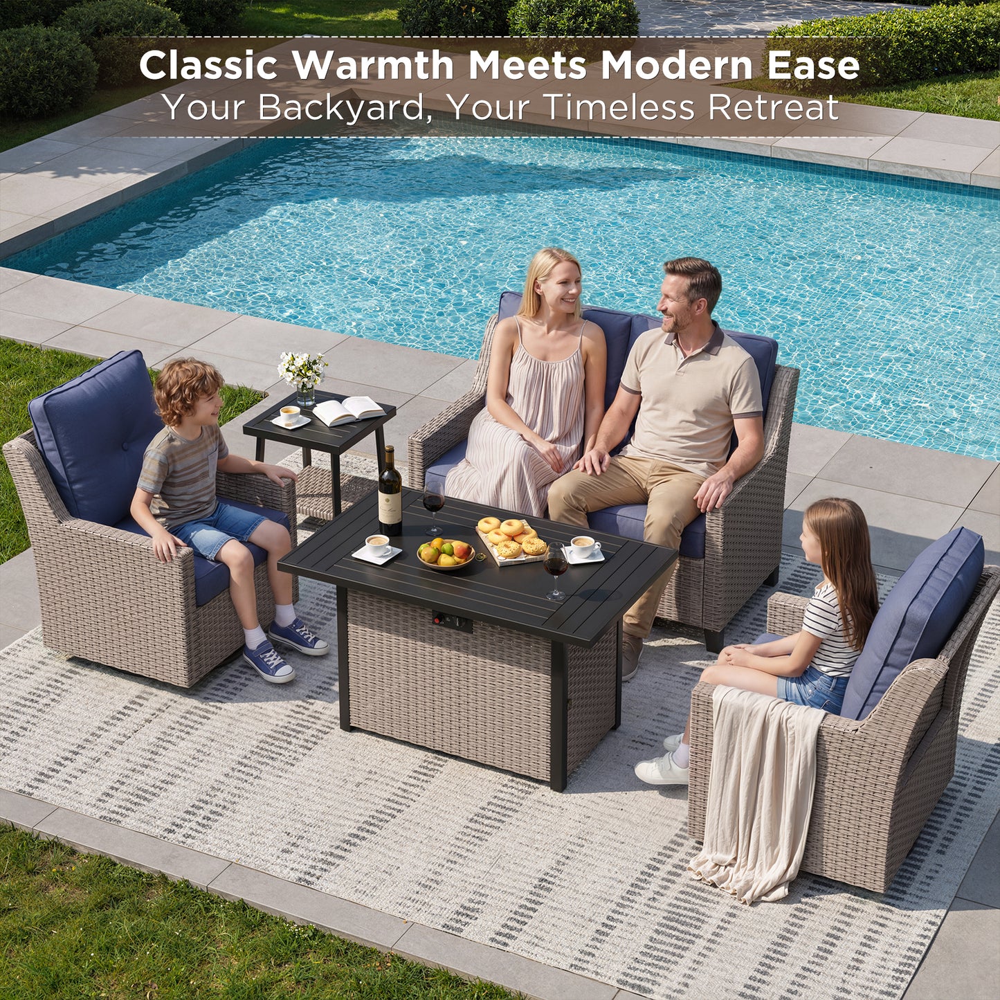 NestNook 5-Piece Outdoor Wicker Swivel Glider Patio Conversation Sets with Cushions and Fire Pit Table