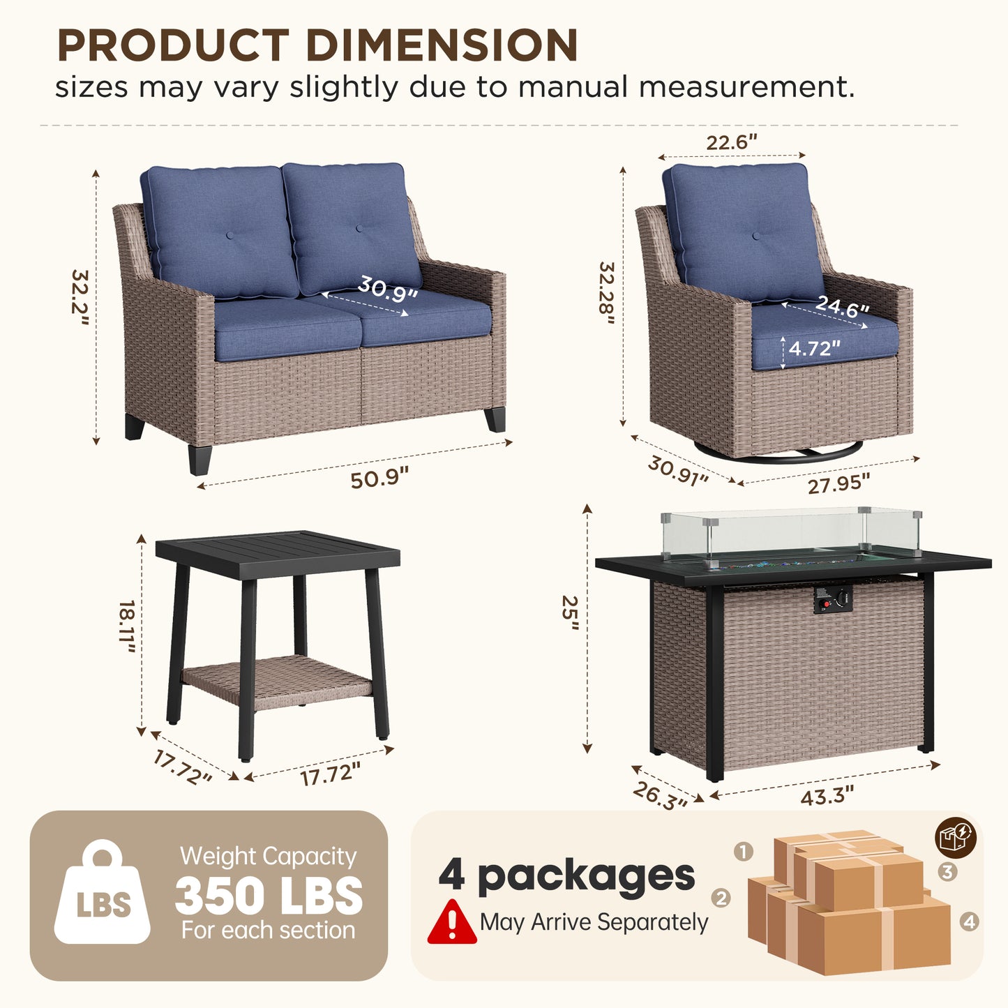 NestNook 5-Piece Outdoor Wicker Swivel Glider Patio Conversation Sets with Cushions and Fire Pit Table