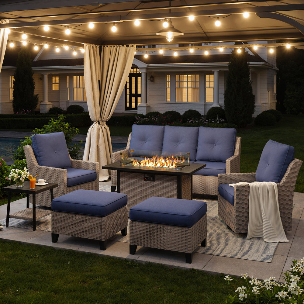 Alto 7-Piece Outdoor Wicker Swivel Glider Patio Conversation Sets with Cushions and Fire Pit Table