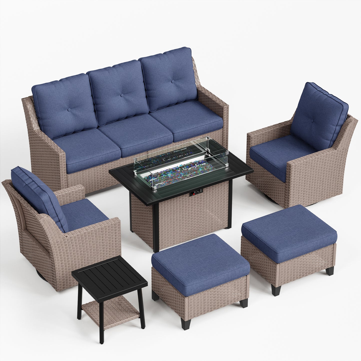 NestNook 7-Piece Outdoor Wicker Swivel Glider Patio Conversation Sets with Cushions and Fire Pit Table