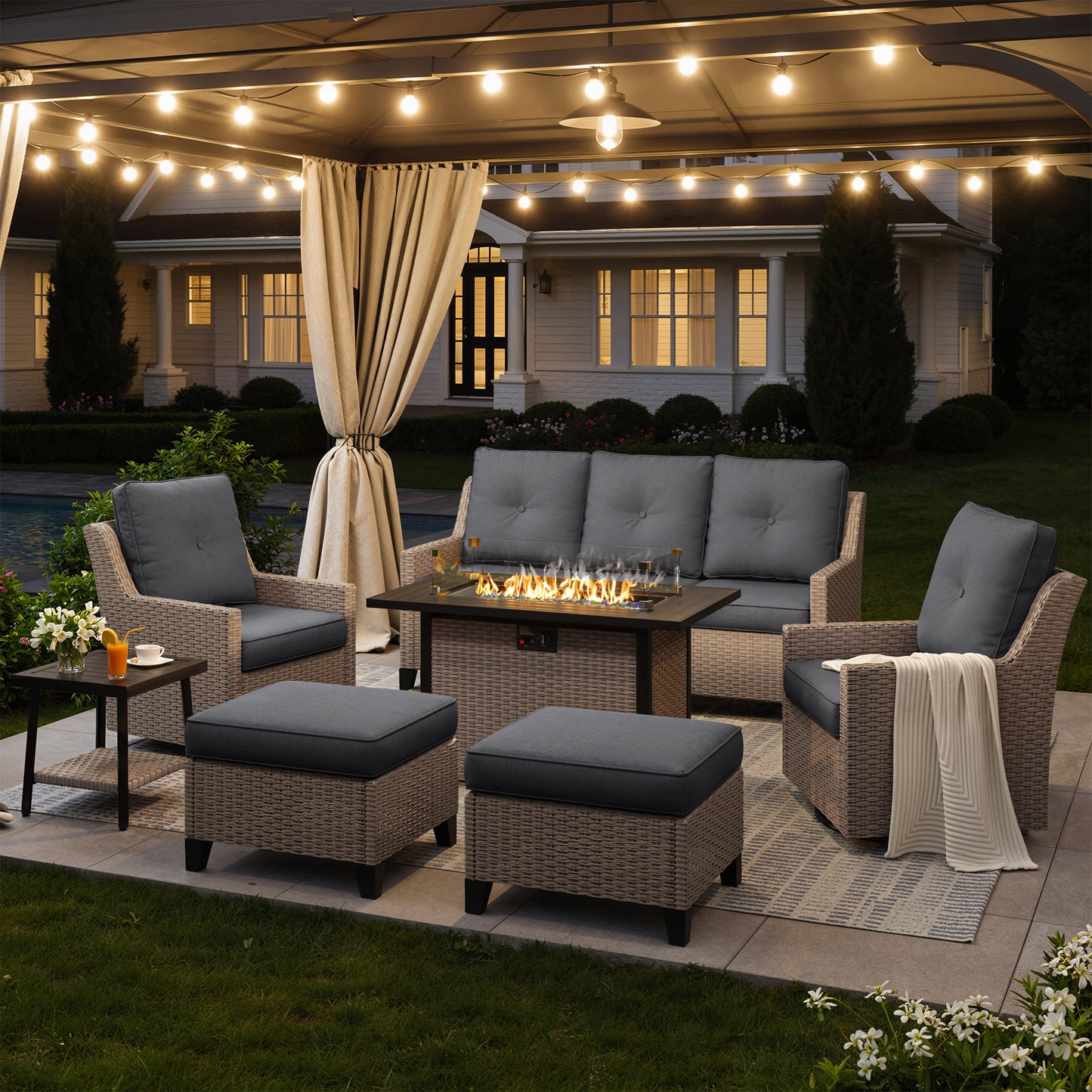 NestNook 7-Piece Outdoor Wicker Swivel Glider Patio Conversation Sets with Cushions and Fire Pit Table