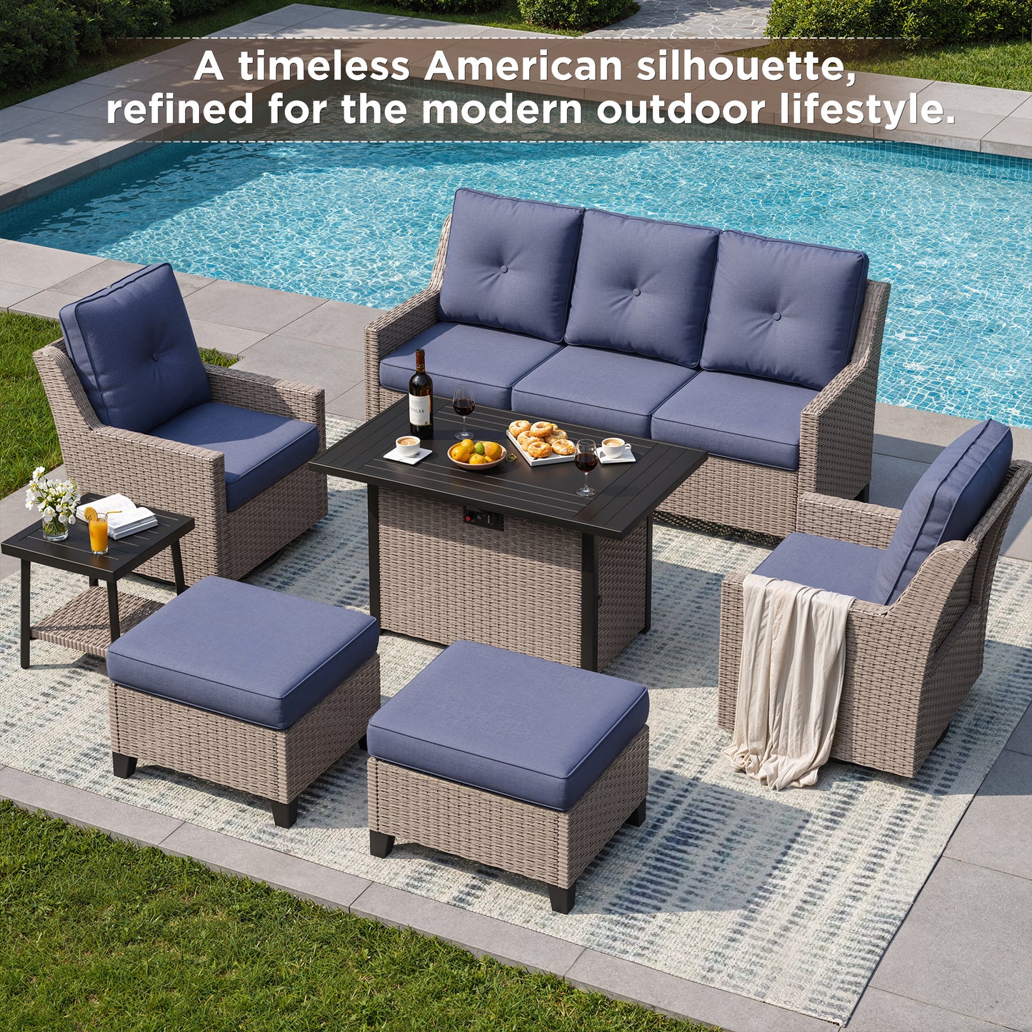 NestNook 7-Piece Outdoor Wicker Swivel Glider Patio Conversation Sets with Cushions and Fire Pit Table