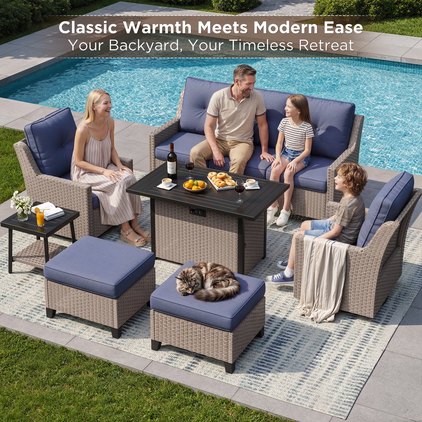 NestNook 7-Piece Outdoor Wicker Swivel Glider Patio Conversation Sets with Cushions and Fire Pit Table