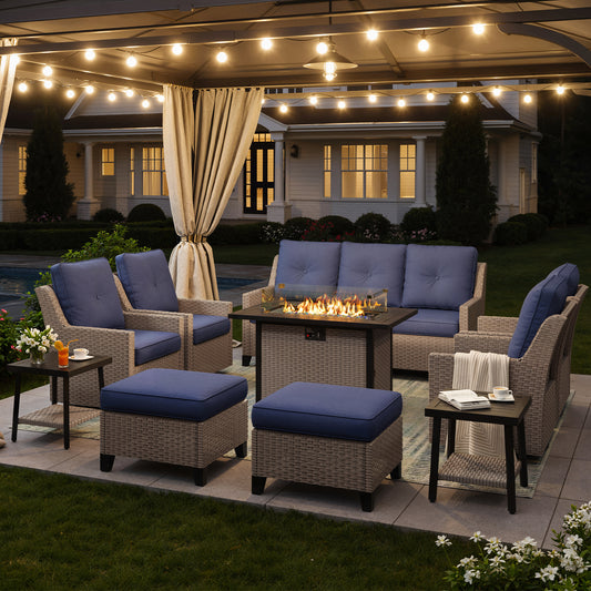 NestNook 10-Piece Outdoor Wicker Swivel Glider Conversation Sets with Cushions and Fire Pit Table