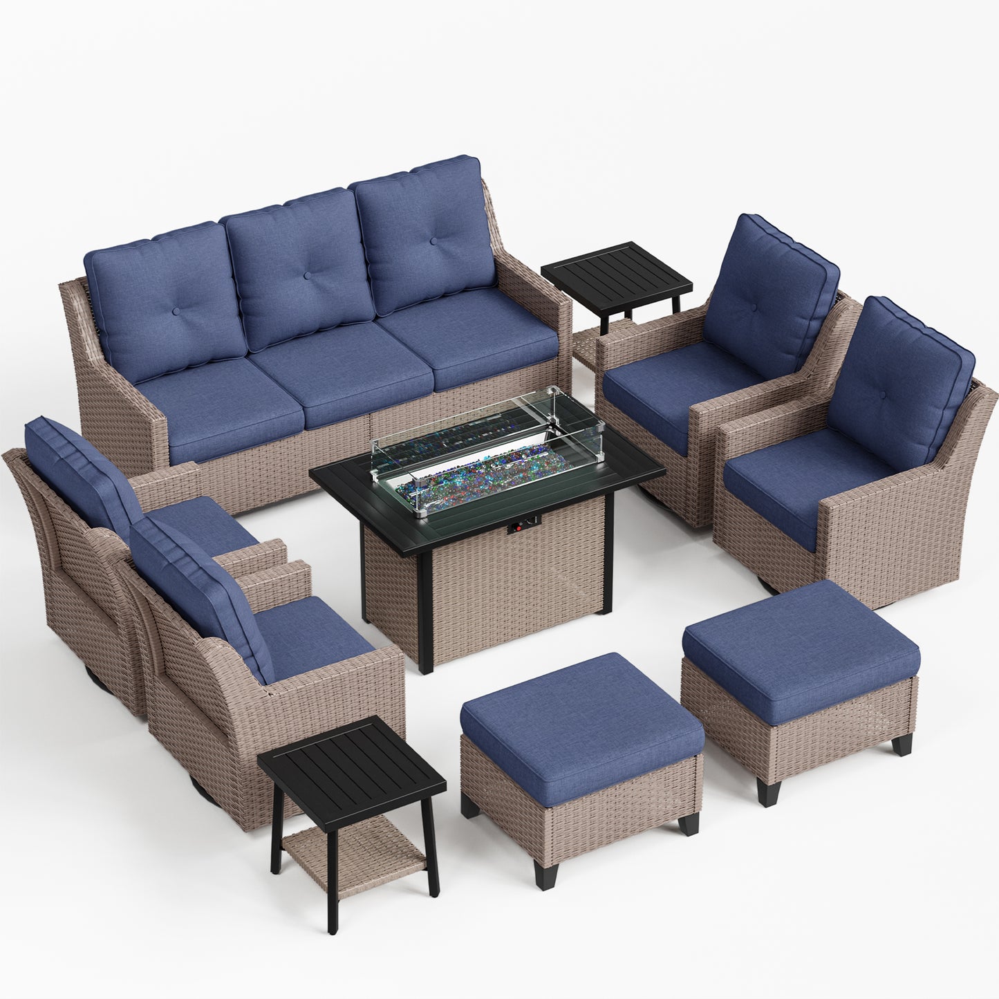 NestNook 10-Piece Outdoor Wicker Swivel Glider Conversation Sets with Cushions and Fire Pit Table