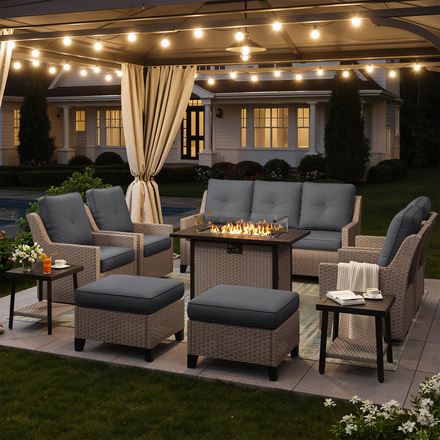 NestNook 10-Piece Outdoor Wicker Swivel Glider Conversation Sets with Cushions and Fire Pit Table