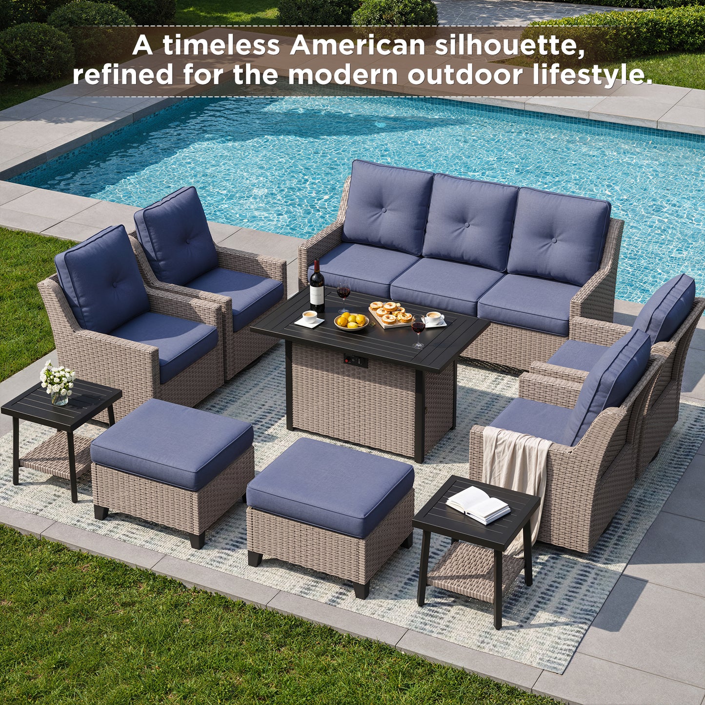 NestNook 10-Piece Outdoor Wicker Swivel Glider Conversation Sets with Cushions and Fire Pit Table