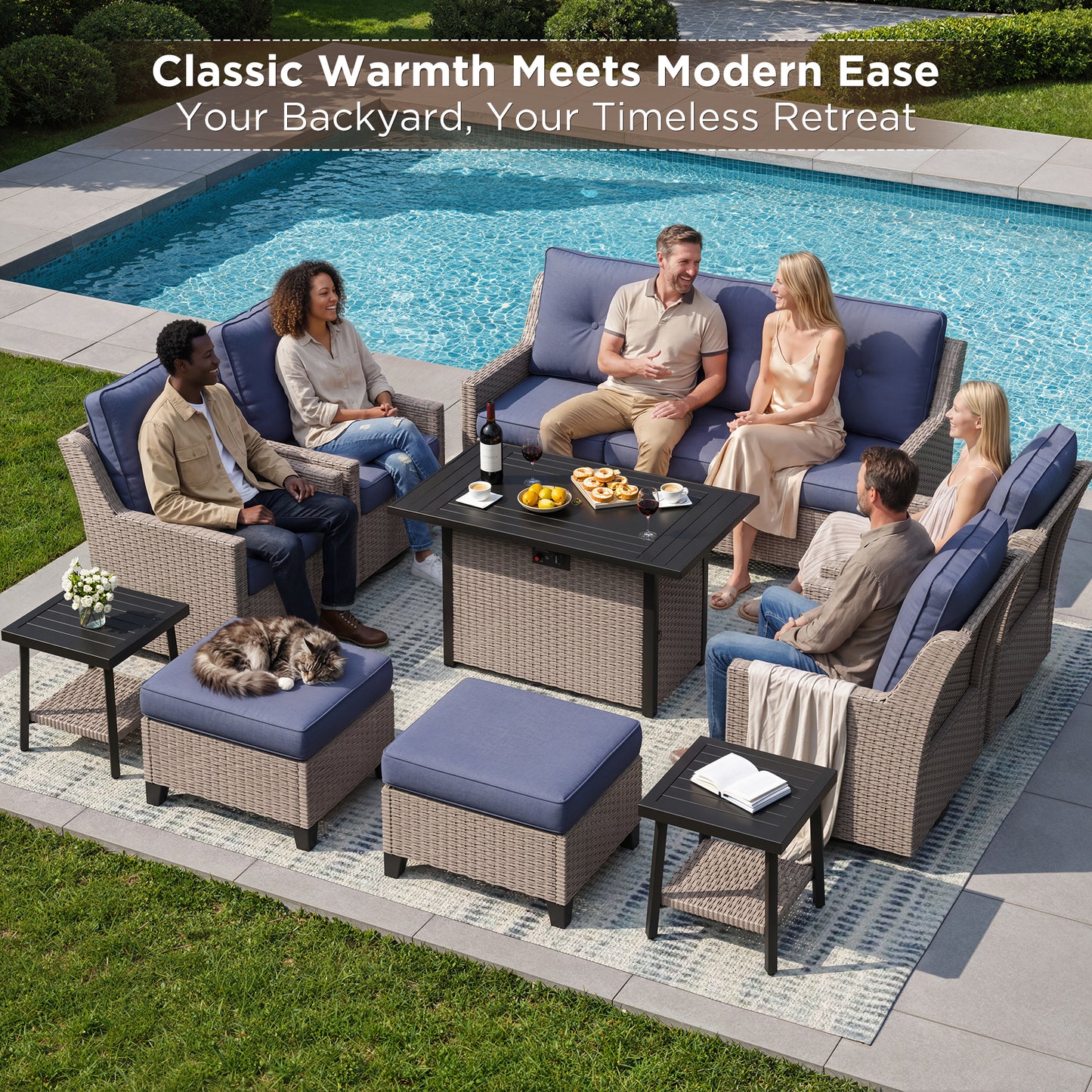 NestNook 10-Piece Outdoor Wicker Swivel Glider Conversation Sets with Cushions and Fire Pit Table