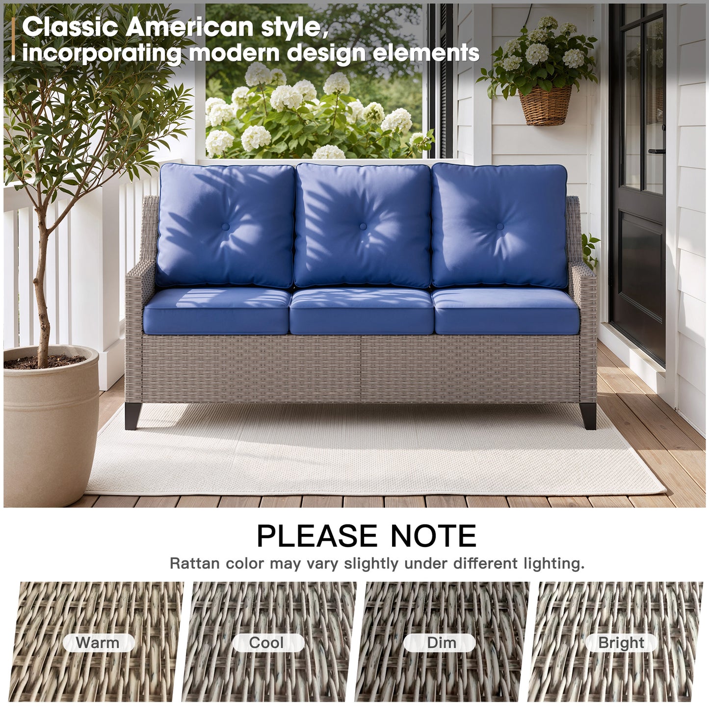 Alto Outdoor Wicker Patio Sofa, 3-Seat Patio Couch with Blue Cushions, PE Rattan Porch Sofa for Backyard, Deck, Garden and Balcony