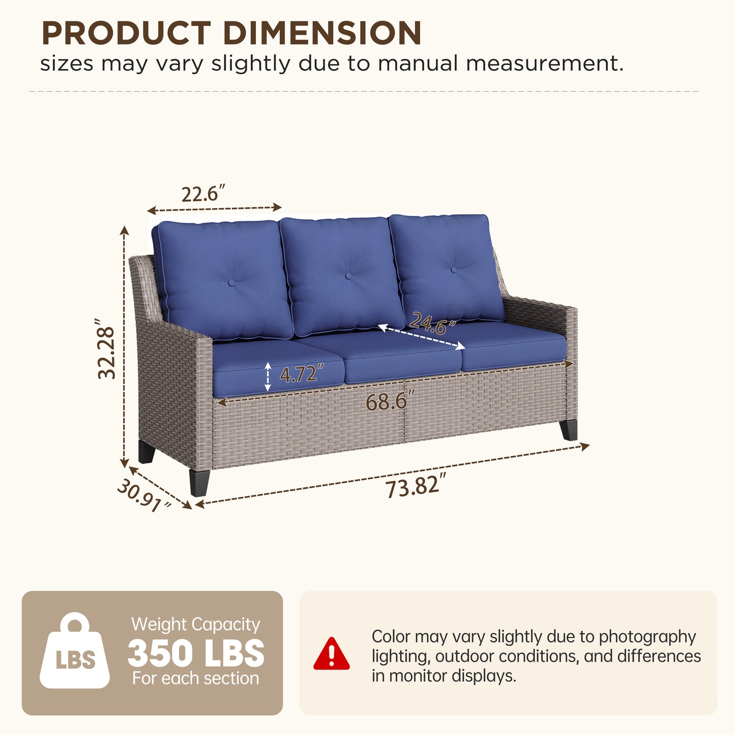 Alto Outdoor Wicker Patio Sofa, 3-Seat Patio Couch with Blue Cushions, PE Rattan Porch Sofa for Backyard, Deck, Garden and Balcony