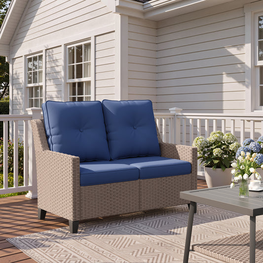 Alto 2-Seat Outdoor Wicker Sofa Loveseat with Blue Olefin Cushions for Porch