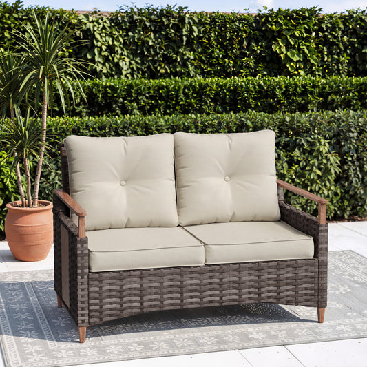 Melvarn Outdoor Wicker Sofa with Cushions, 2-Seat Patio Couch, All-Weather Rattan Outdoor Furniture for Backyard, Balcony, Porch & Garden Seating