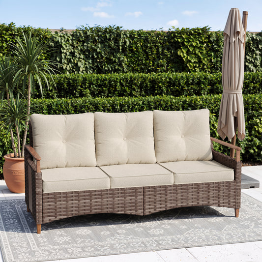 Melvarn Outdoor Wicker Sofa with Cushions, 3-Seat Patio Couch, All-Weather Rattan Outdoor Furniture for Backyard, Balcony, Porch & Garden Seating