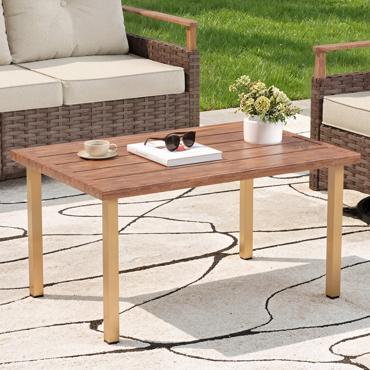 Melvarn Outdoor Coffee Table 37.4", Metal Patio Table with Wood Grain Top, Weather Resistant