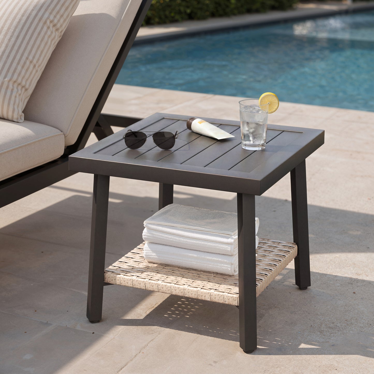 Alto Outdoor Side Table with Storage Shelf, Aluminum Patio Side Table with Wicker Bottom Shelf for Balcony, Garden, Deck