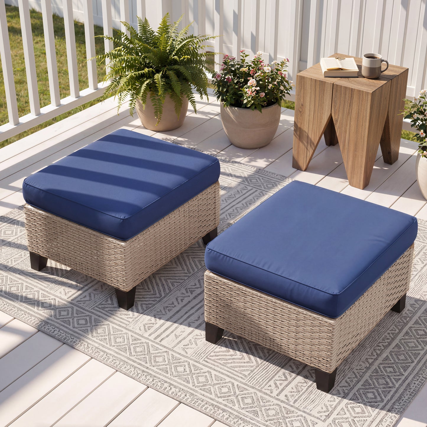 Alto Outdoor Ottoman Set of 2, Wicker Patio Ottomans with 4" Cushions, Outdoor Footstools and Foot Rest for Patio, Porch, Balcony